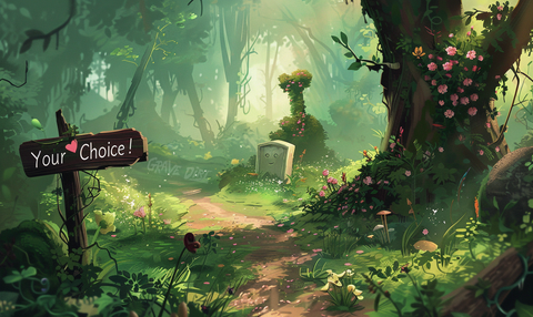 Idyllic forest scene with a whimsical gravestone and a sign reading 'Your Choice!', illustrating the variety of end-of-life options available beyond traditional embalming, emphasizing the personal nature of such decisions.