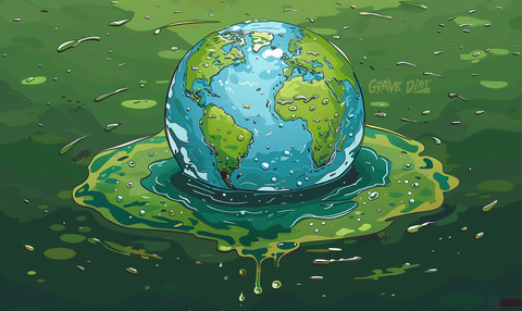 Dynamic illustration of the Earth with a stylized depiction of toxic substances dripping into the planet's surface, representing the environmental impact of embalming fluids like formaldehyde contaminating the soil and groundwater.