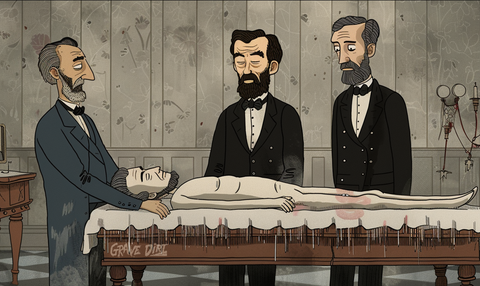 Vintage-style illustration of Civil War era embalming process with three men in mourning attire around a deceased soldier on an embalming table, symbolizing the historical significance of embalming in America and its evolution into modern funeral practices.