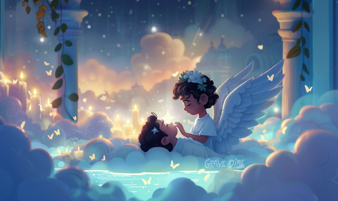 Enchanting illustration of a cherubic figure tenderly caring for another amidst a serene, celestial setting with clouds, candles, and a peaceful ambiance, capturing the tranquil and restorative essence of embalming likened to a spa day for the departed.