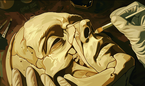 Stylized close-up illustration of a gloved embalmer delicately brushing the features of a peaceful skeletal face, emphasizing the artistry and care taken in the preparation of the deceased for their final appearance, with attention to creating a serene and lifelike expression