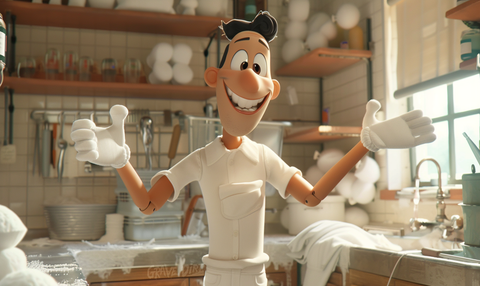 Cheerful 3D animated character in a clean embalming room, with open arms and a welcoming smile, capturing the meticulous and thoughtful approach of embalmers who ensure a dignified and respectful final presentation.