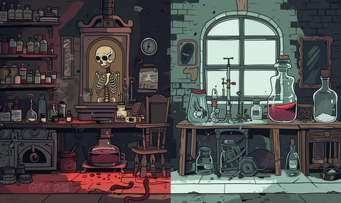 Vintage lab with shelves of potions and a skeleton, contrasting an old-school embalming scene with arsenic to a modern one with formaldehyde, subtly nodding to the evolution of preservation techniques in the funerary arts.