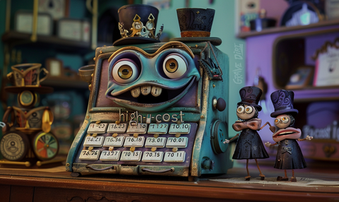 Whimsical 3D animation-style image of a cash register with anthropomorphic features, alongside two small characters in top hats, humorously portraying the varied costs associated with embalming services that range from economical to surprisingly expensive.