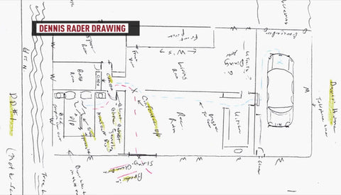 Hand-drawn map by BTK Killer Dennis Rader, detailing the layout of a crime scene, including key locations and movements