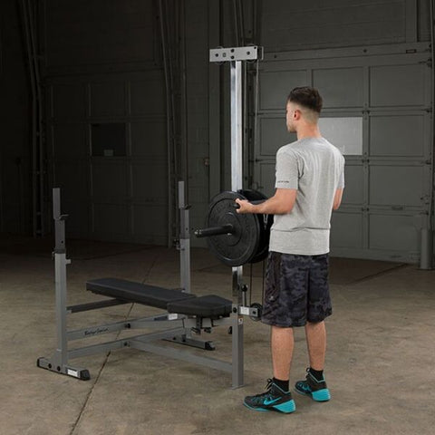 Body-Solid Powercenter Rack Bench Combo GDIB46L the Lat Pulldown / Low Pulley Station (#GLRA81) for accelerated back and deltoid development.