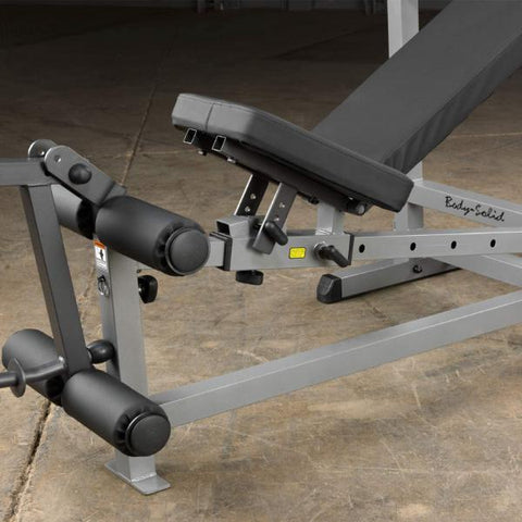 Body-Solid Powercenter Rack Bench Combo GDIB46L The 6-position Flat / Incline / Decline / Bench features pop-pin adjustable DuraFirm"! seat and back pads that are extra-thick, ultra-comfortable, and will never bottom out.