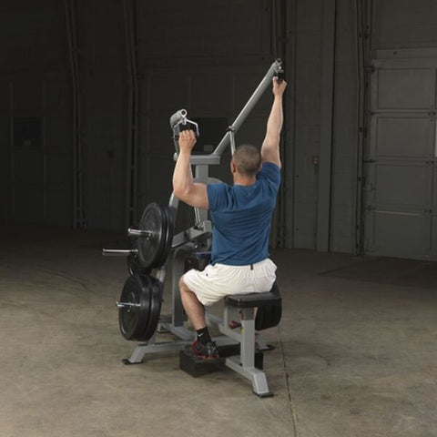 The Body-Solid Leverage Lat Pulldown Machine LVLA features a dual-axis diverging arm for biomechanically correct lat pulldowns