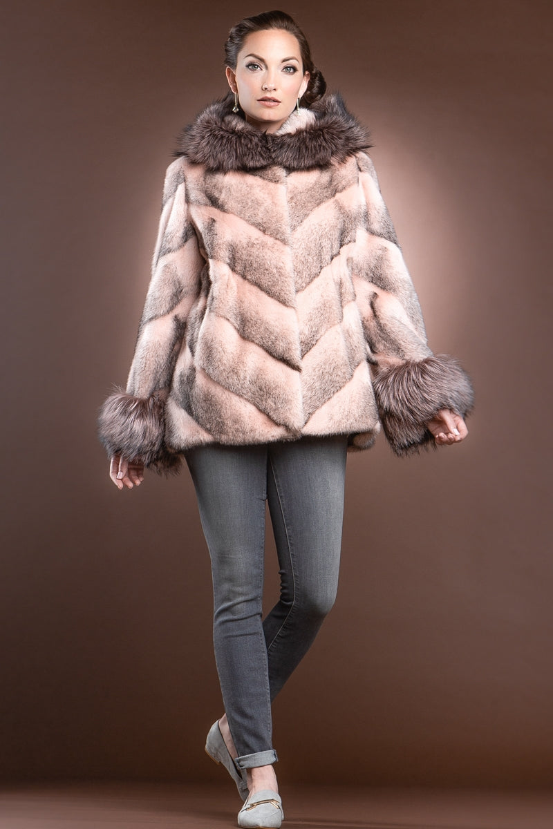 EM-EL Hooded Directional Chevron Mink Fur Jacket - Fox Fur Hood Trim ...