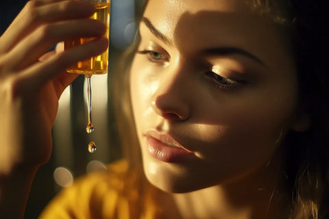Rutina de cuidado facial: Mujer aplicando aceite con pipeta