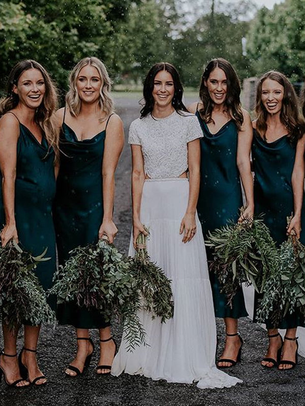 green tea length bridesmaid dresses