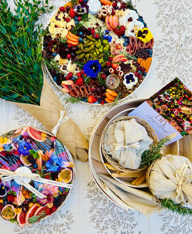 cheese board with edible flowers