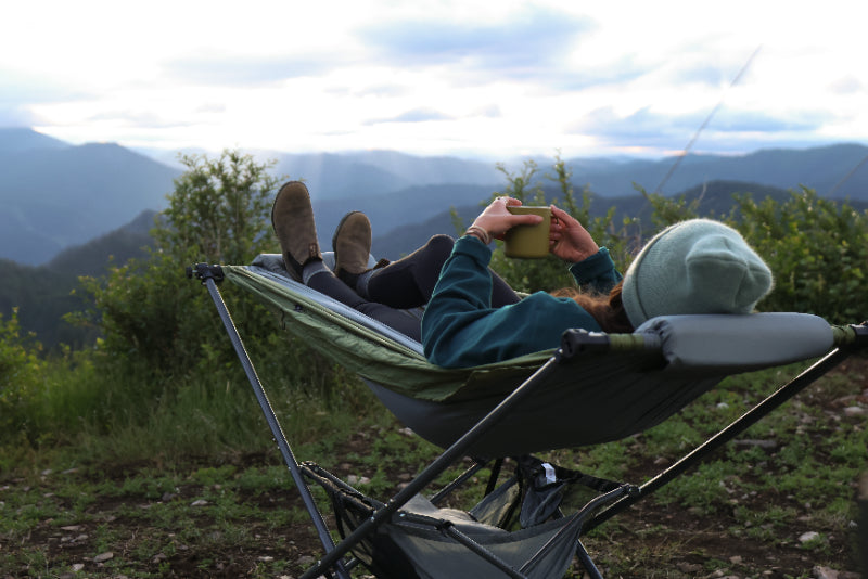 Mountain Camping in fall with portable folding Mock One Hammock