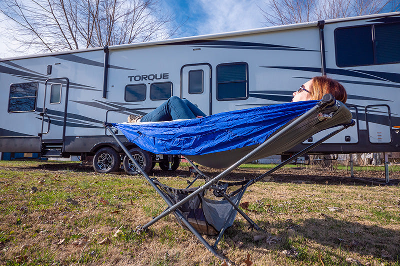 RV camping with portable free standing hammock
