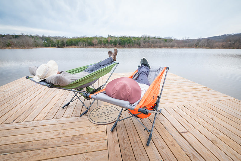 Sandy Lake camping with free standing hammocks for valentine's day 2024