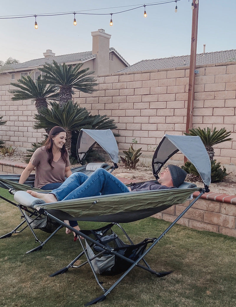 backyard relaxation with free standing hammocks