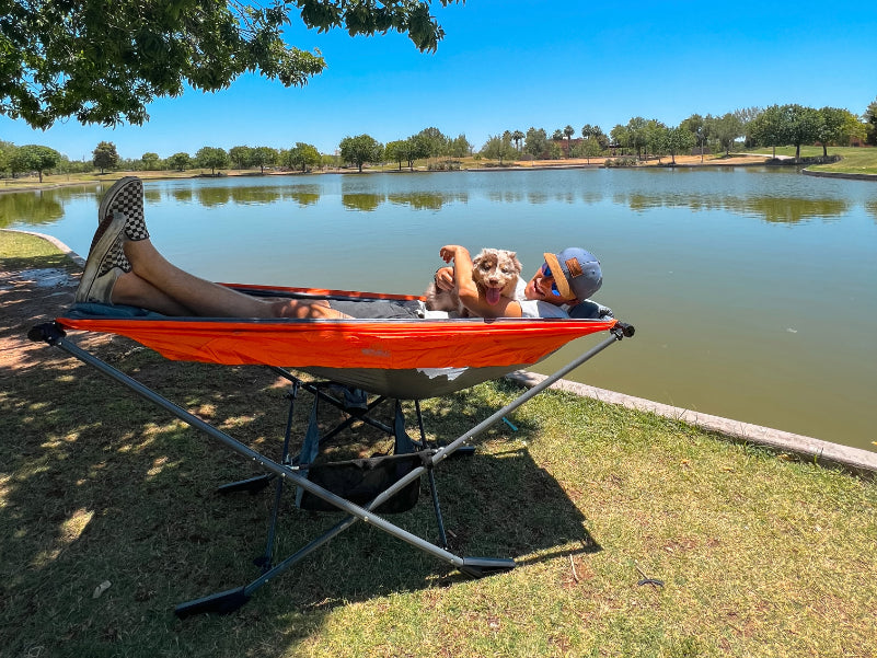 camping with dog by the lake