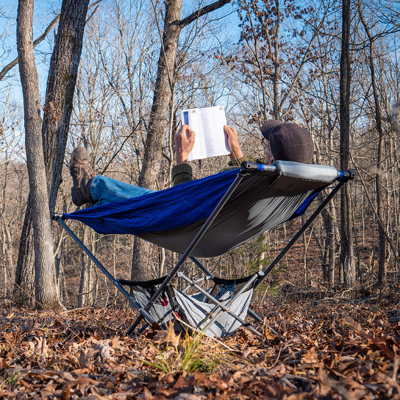 forest camping with portable free standing hammock