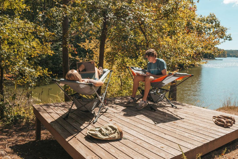 lake camping with portable free standing hammock