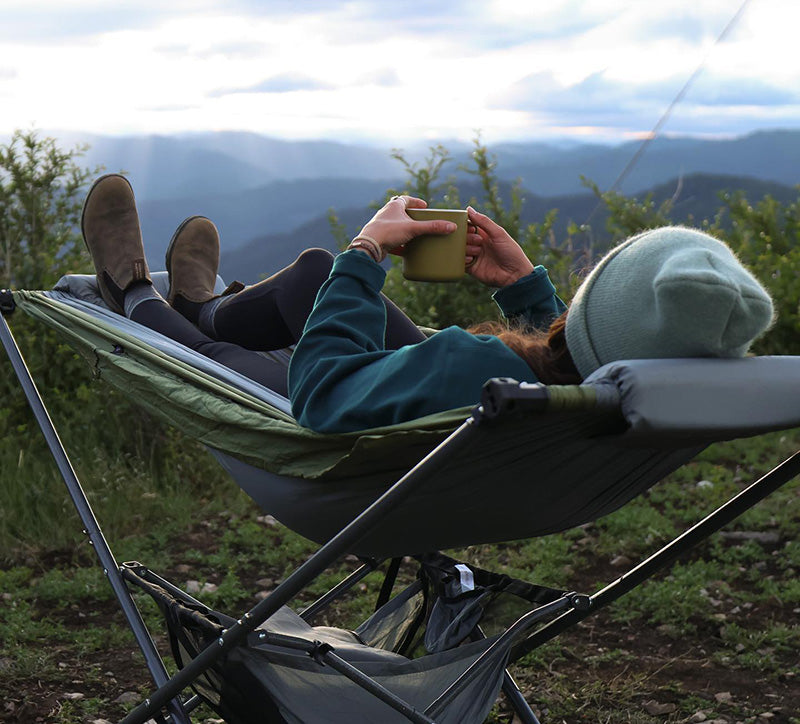 mountain camping with free standing portable hammock
