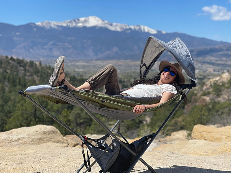 mountain top camping with free standing hammock