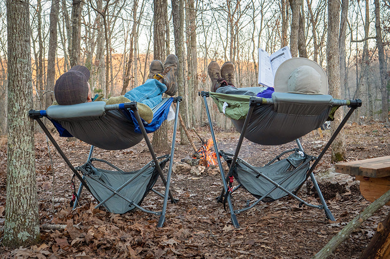 red wood camping with free standing portable hammocks