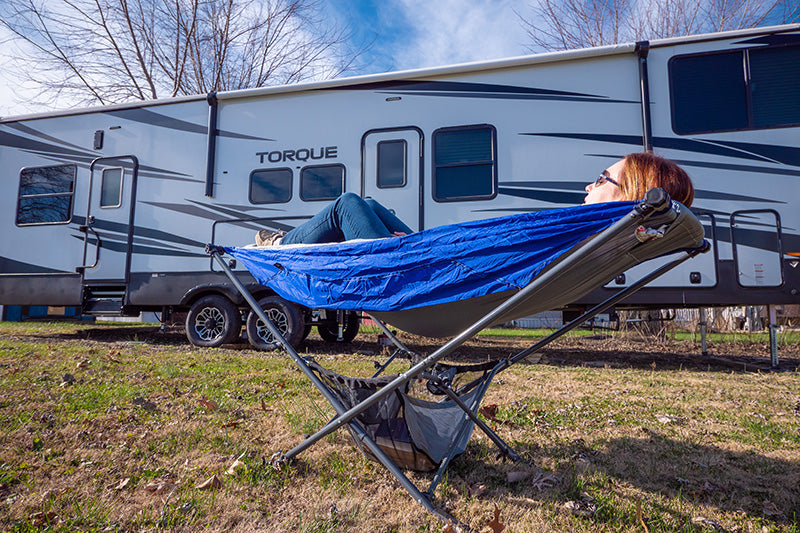 rv camping in california with portable hammock with stand