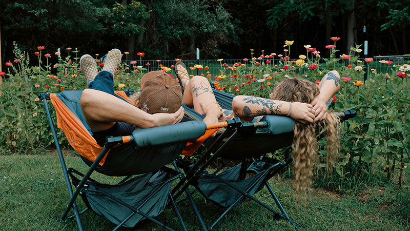 wild flower camping with free standing hammocks