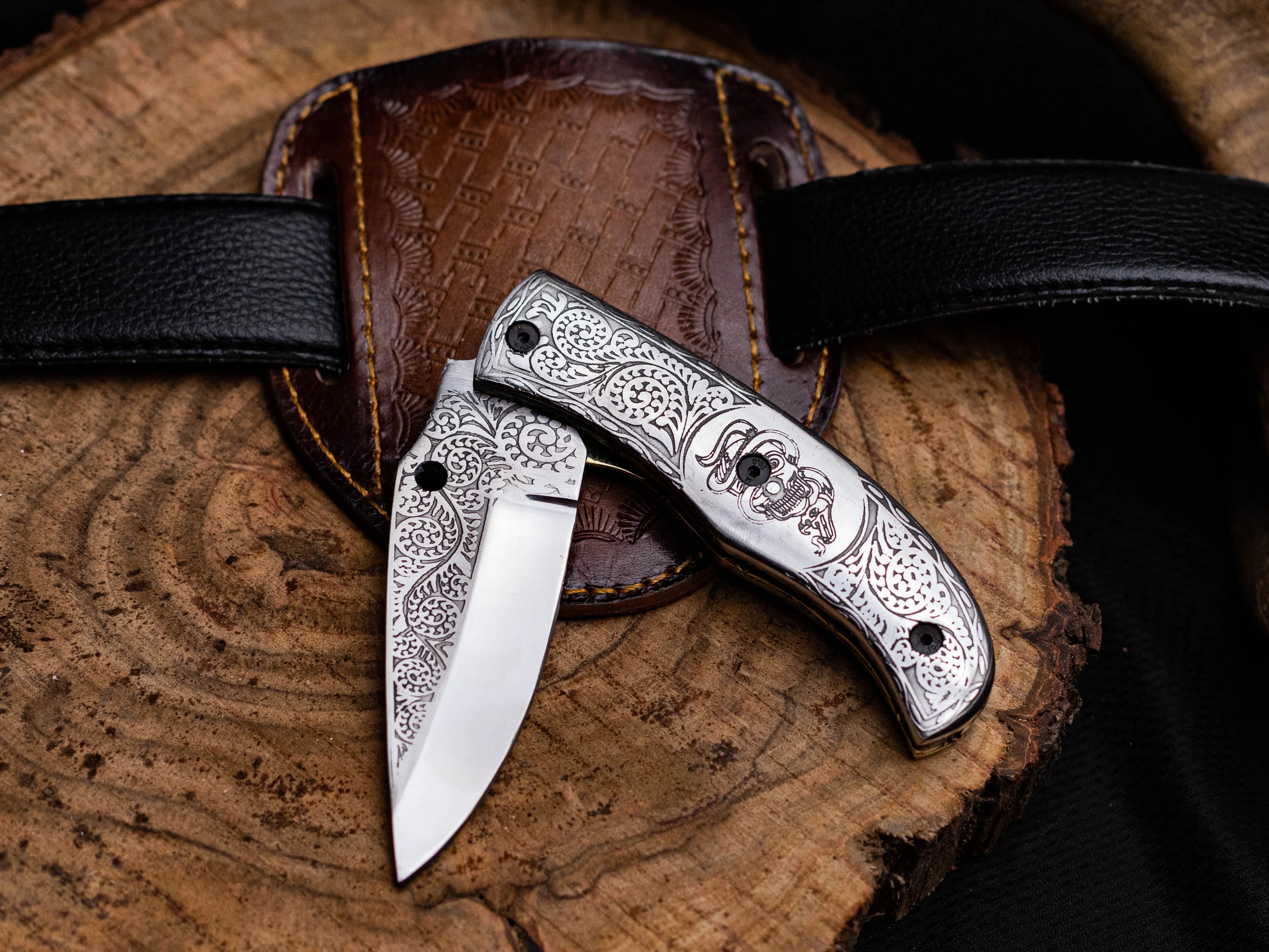 Stainless Steel Folding Knife - Engraved Pocket Knife With Leather Sheath