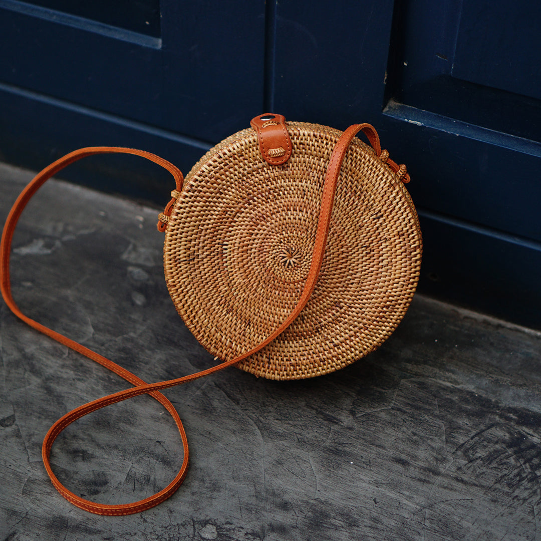 woven rattan circle crossbody bag