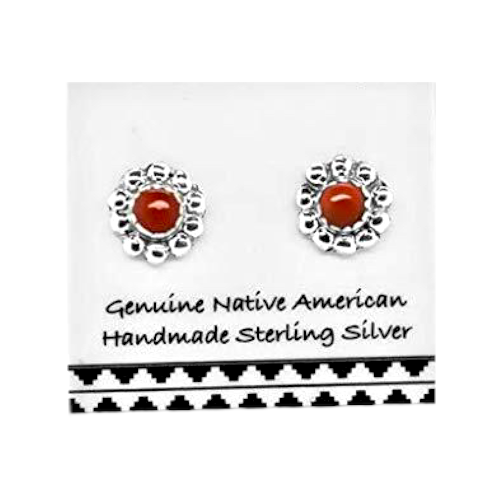6mm Genuine Red Coral Stud Earrings, 925 Sterling Silver, Native American USA Handmade, Nickel Free
