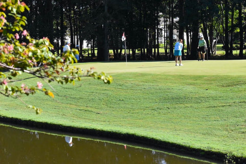 Action shot of a woman putting. 