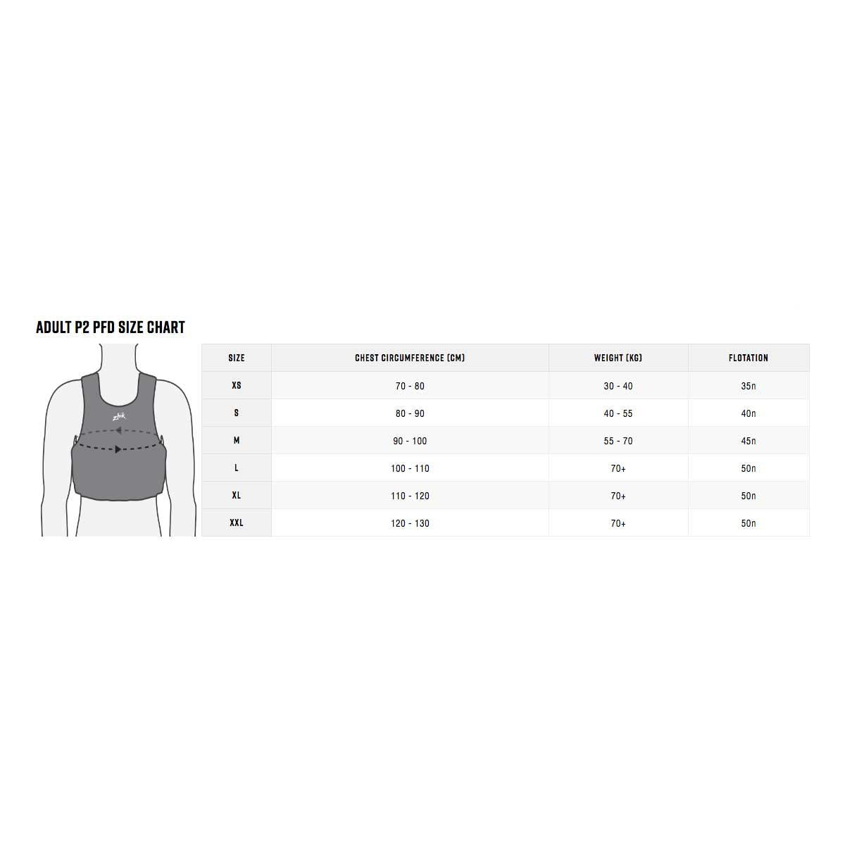 Zhik P2 PFD Size Chart