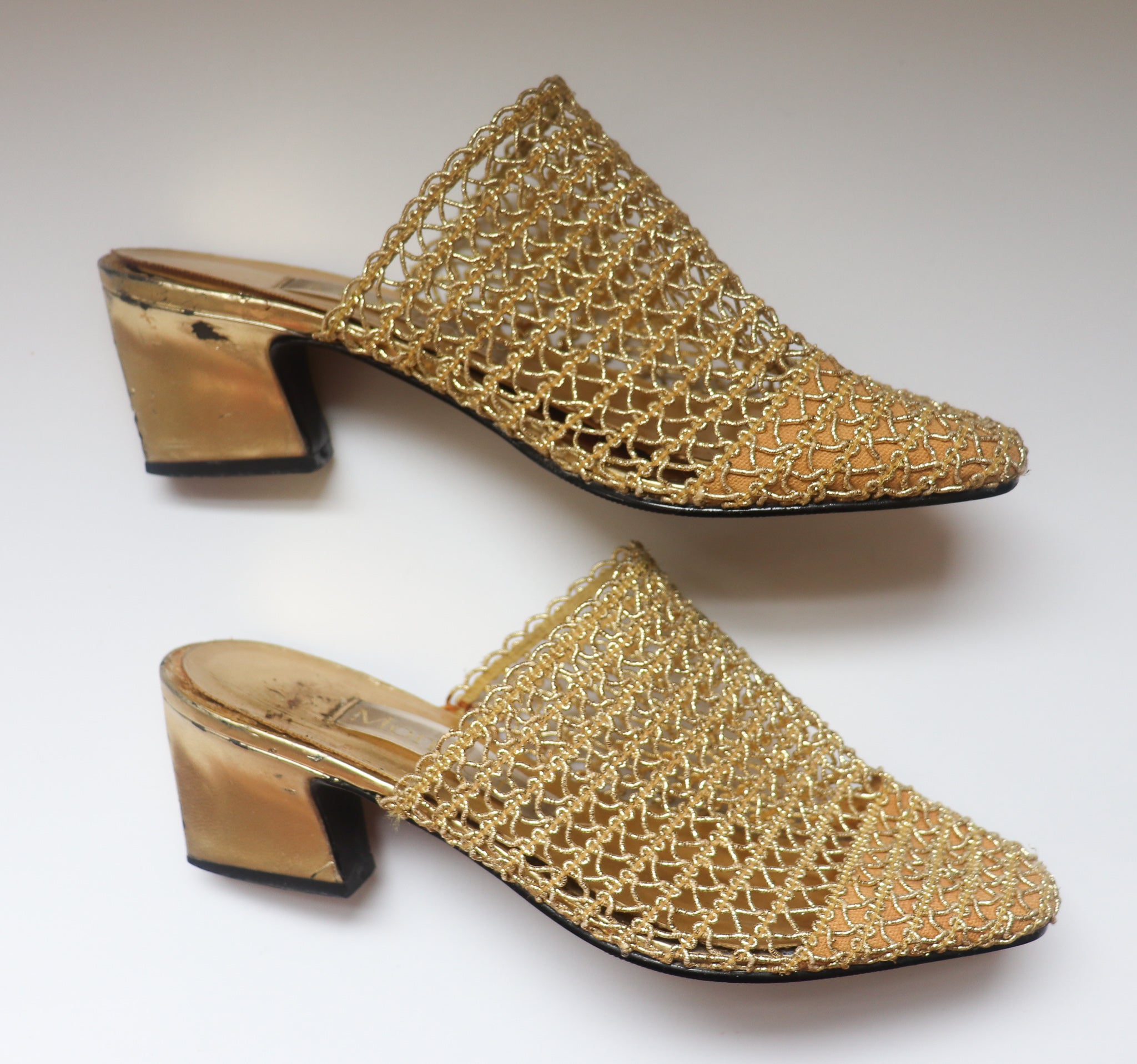 gold woven mules