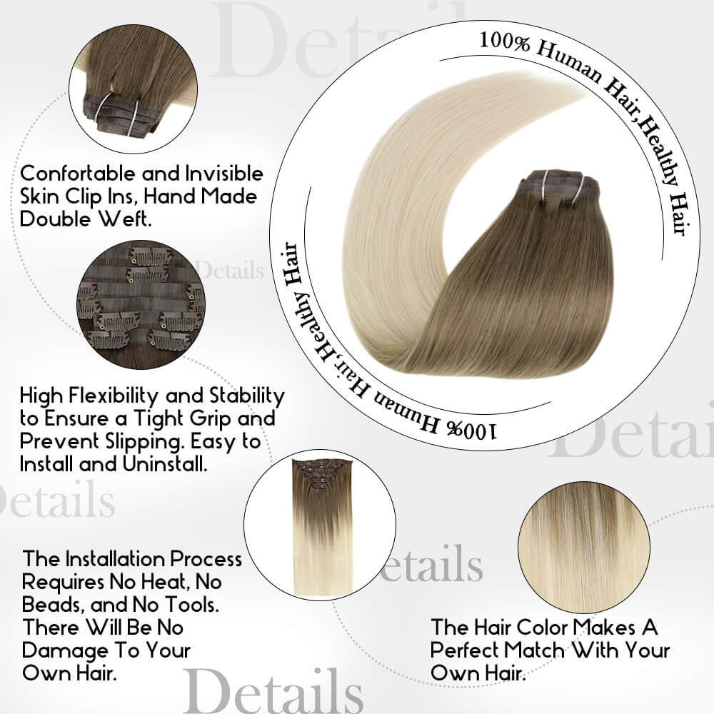 details of balayage ombre color PU clip in hair