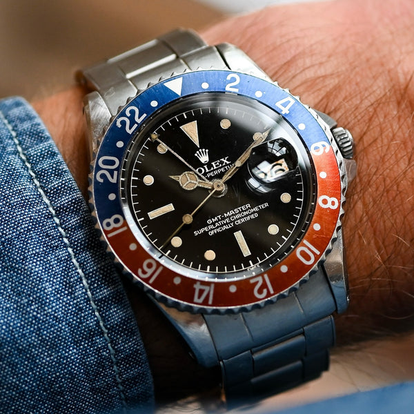 close up wrist shot of rolex gmt master pepsi