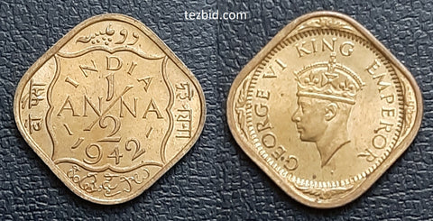 Half Anna, George VI, 1942, 1943, Coin, Old