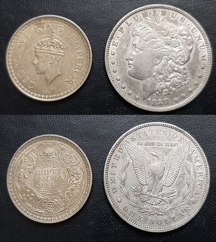Half Silver Rupee (India) & Silver Morgan Dollar (US)