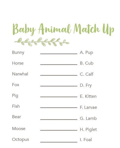 Baby Shower Baby Animal Match-Up Game