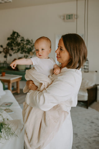 Mom in Robe with Blanket and Baby