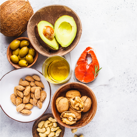 selection of healthy foods in wooden bowl