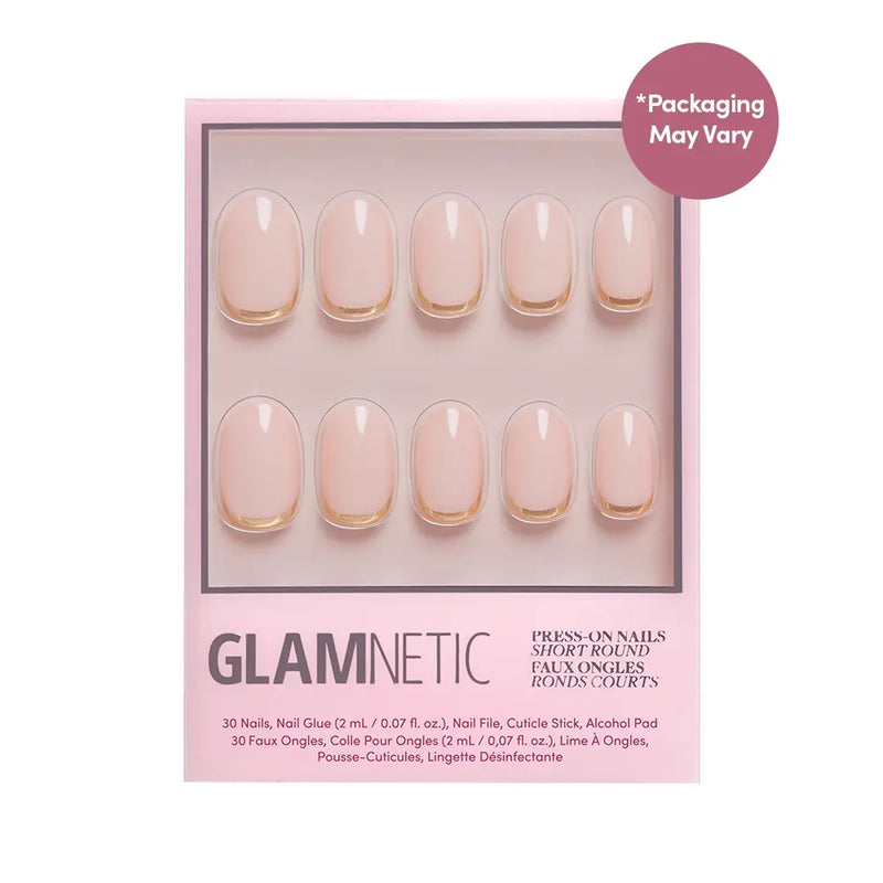 A box of glamnetic Goal Digger press-on nails in a short round shape with natural nude and gold foil design. Includes 30 nails, nail glue, nail file, cuticle stick, and alcohol pad. Packaging may vary.
