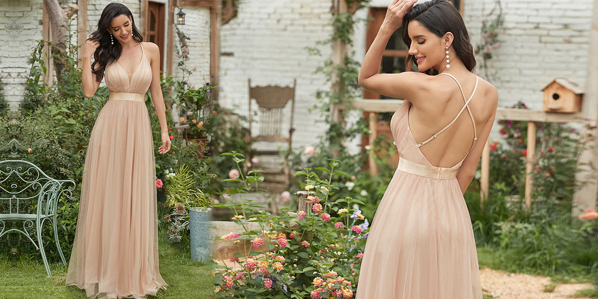 Sexy Deep V-neck Backless Tulle Maxi Bridesmaid Dresses