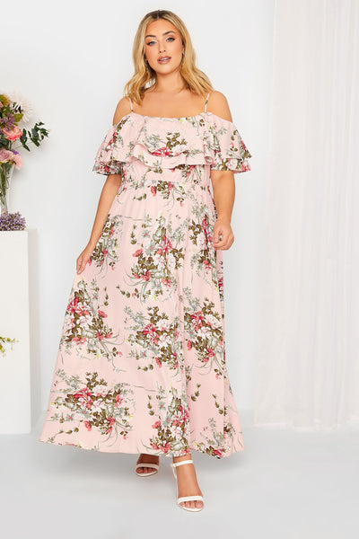 Light Pink Floral Bardot Ruffle Maxi Dress