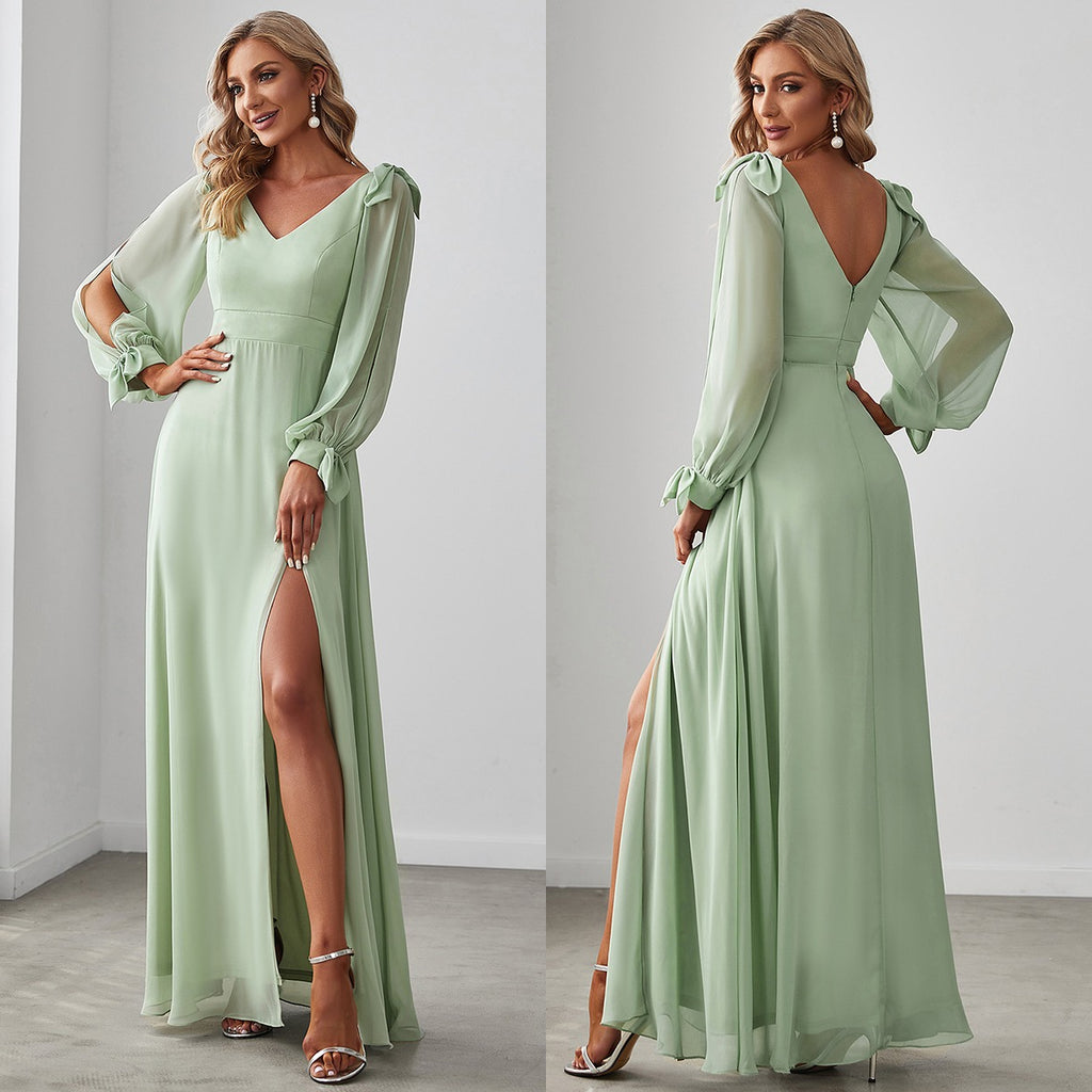 Split Sleeve Low Back Sage Bridesmaid Dress