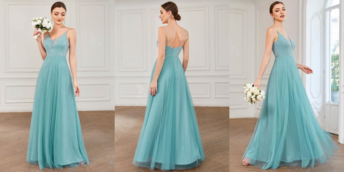 A-Line Sparkly V-Neck Illusion Panel Bridesmaid Dress