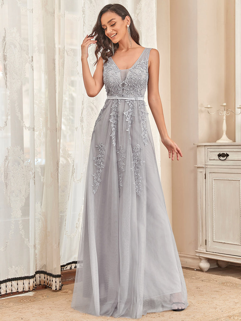 Applique Long Tulle Evening Dress in Grey