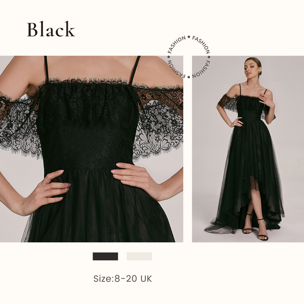 Black Spaghetti Straps High Low Lace Bodice Tulle Wedding Dress