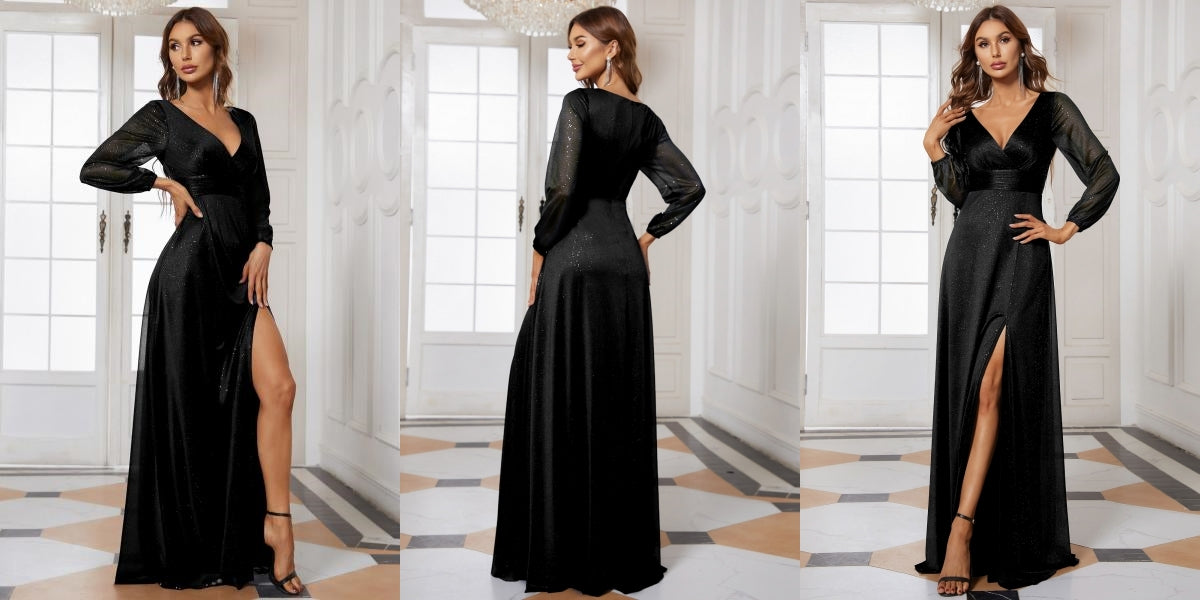 Black Women's Sexy V-Neck Shiny Evening Dresses with Long Sleeve