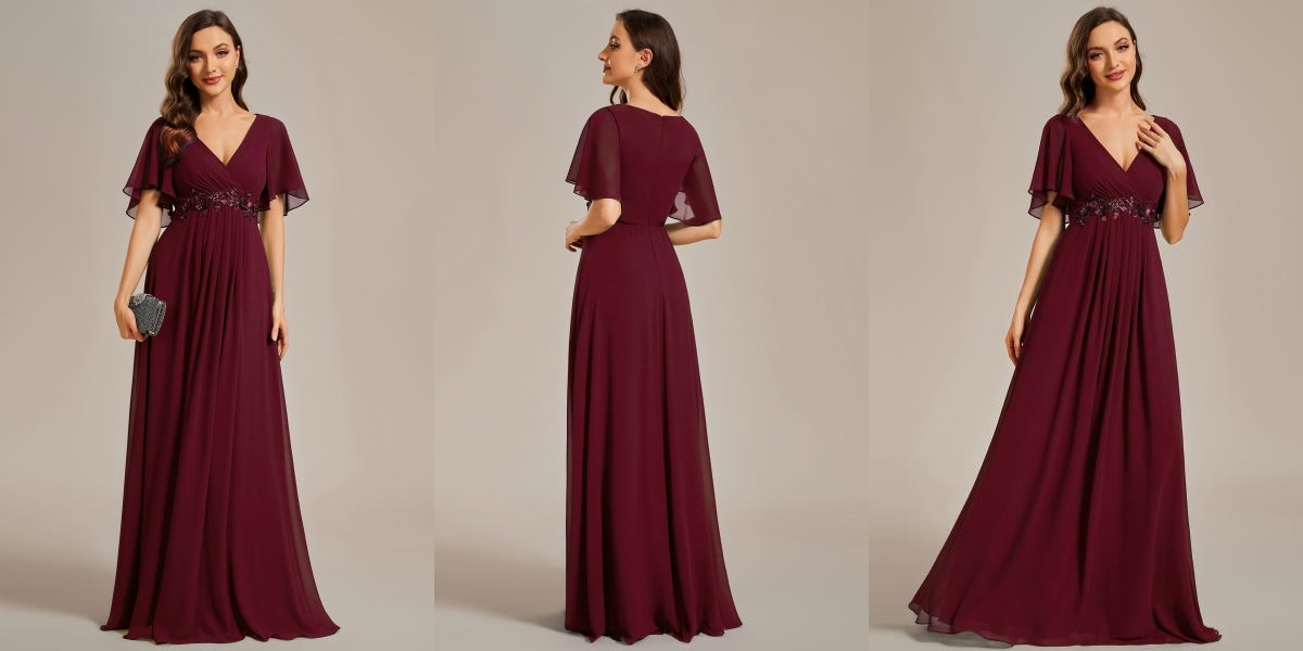 Burgundy Elegant Chiffon Applique Bridesmaid Dress with Flutter Sleeves